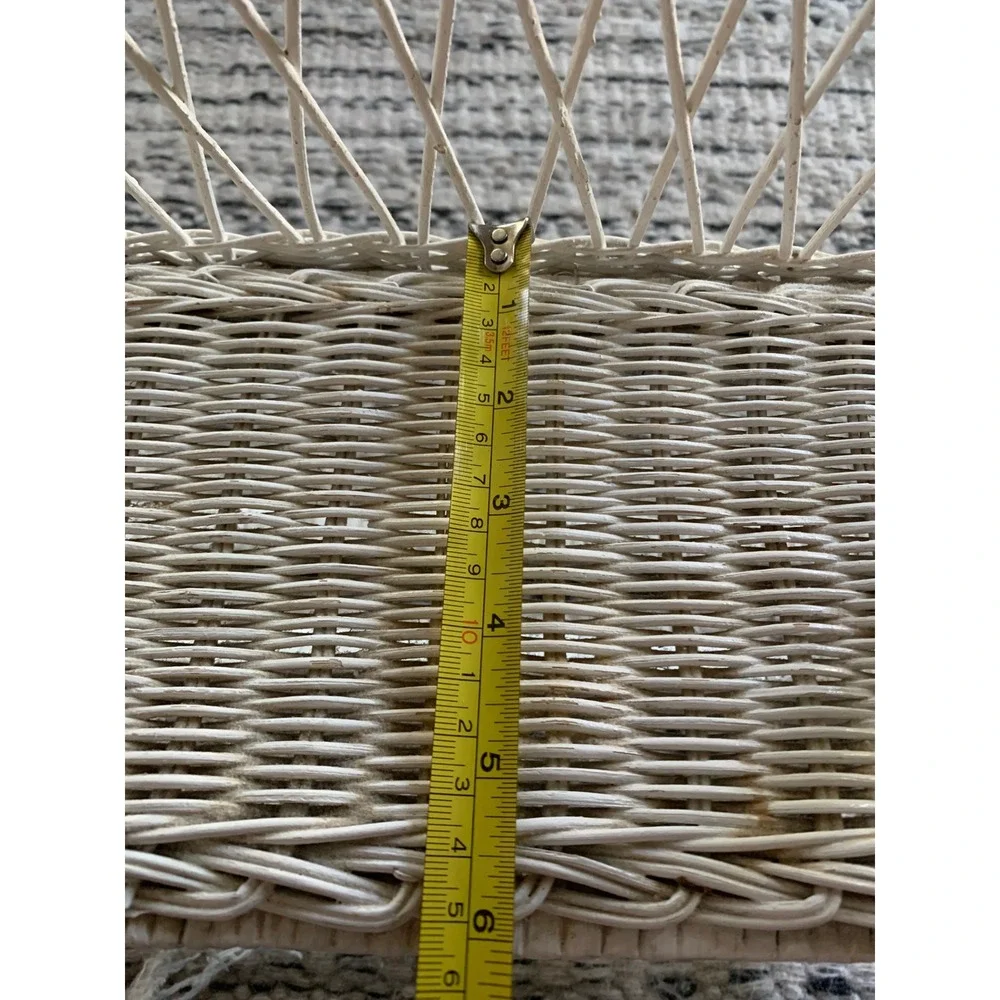 Vintage White Wicker Wall Shelf Arched Rattan 2 Tier Towel Bar Boho Cottagecore